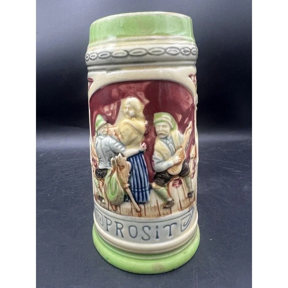 Vintage Japanese Prosit Beer Stein Hand Painted Tavern Scene Mug 7” Made Japan